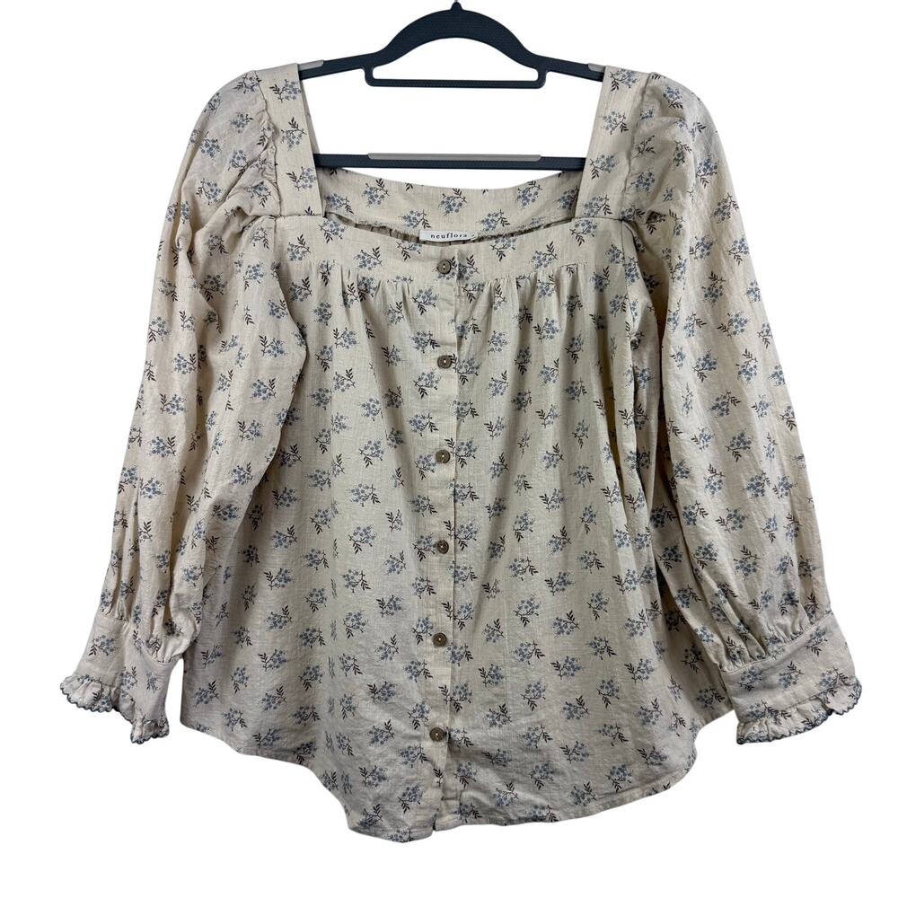 Neuflora Cottagecore Cream Blue Floral Blouse Medium Square Neck Ruffle Cuff
